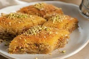 Albanian kadaif rolls made with shredded phyllo dough filled with walnuts and soaked in sweet syrup
