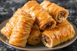 Albanian kadaif rolls made with shredded phyllo dough filled with walnuts and soaked in sweet syrup