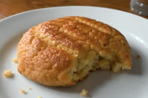 Homemade sheqerpare cookie with a bite taken out, showing its soft, crumbly texture on a simple white plate