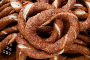 Freshly baked simit, sesame-crusted Turkish bread rings