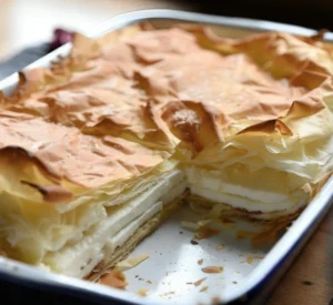 A freshly baked Serbian gibanica sliced in the baking pan, revealing delicate layers of crisp phyllo pastry and a rich cheese filling typical of traditional Serbian pastries.