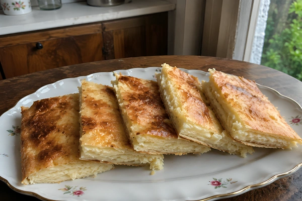 Homemade Albanian cheese byrek cut into rectangular slices with flaky golden pastry and a creamy cheese filling.