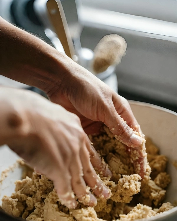 Mixing crumbly sheqerpare dough by hand in a bowl showing soft butter-based texture