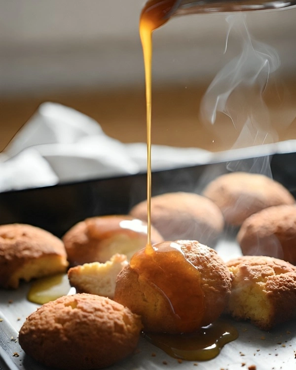 Warm syrup being poured over freshly baked sheqerpare cookies with steam rising