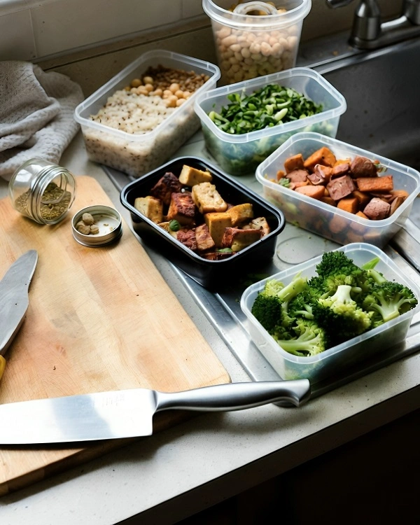 Meal prep containers filled with tofu, quinoa, chickpeas, broccoli, leafy greens, and roasted vegetables.