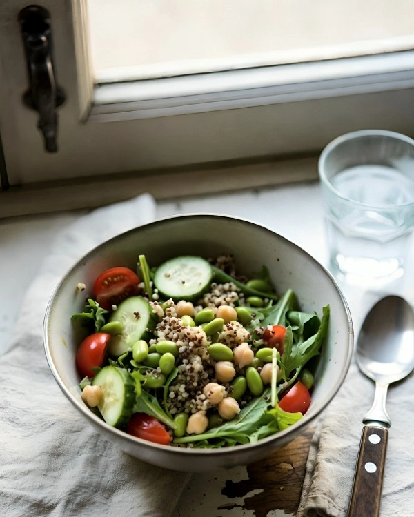 Homemade chickpea and edamame salad with quinoa, cucumber, cherry tomatoes, and leafy greens.