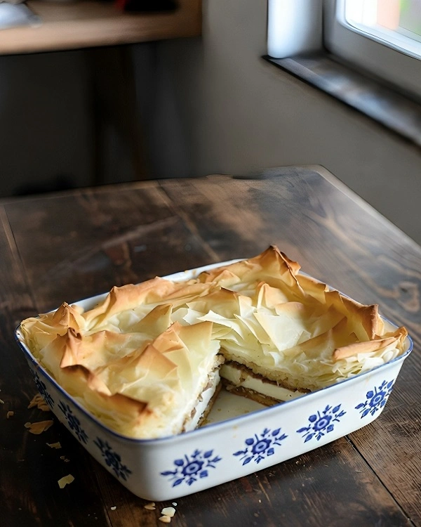 Cut pieces of Serbian gibanica showing flaky phyllo layers and a creamy cheese filling inside the baking dish.