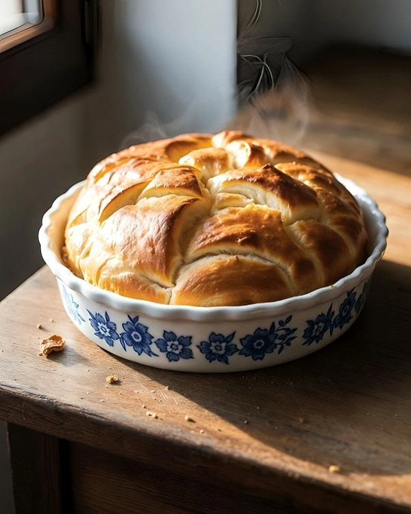Freshly baked Serbian gibanica with a golden puffed crust cooling in the baking pan after coming out of the oven.