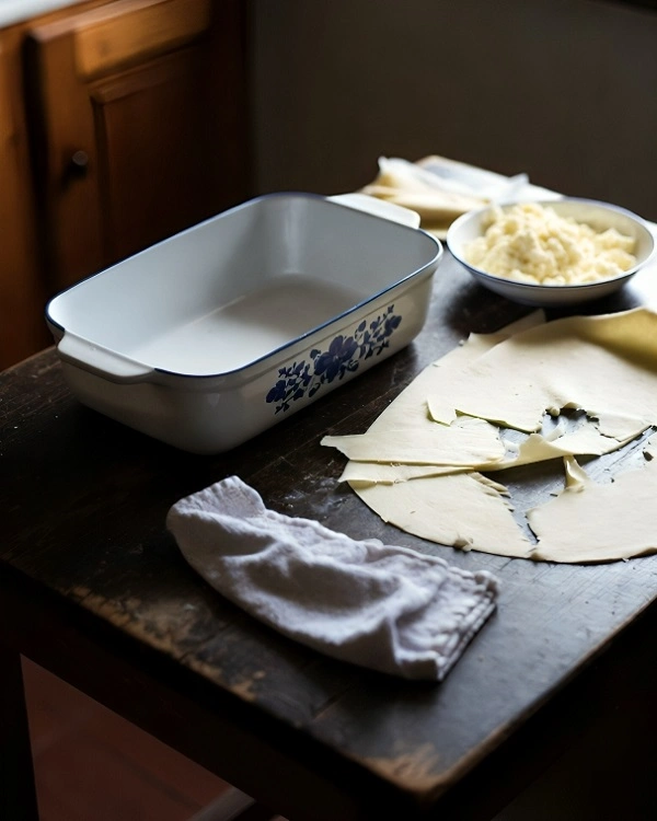 Phyllo dough, feta cheese, cottage cheese, eggs, sparkling water, and baking ingredients prepared for making traditional Serbian gibanica.