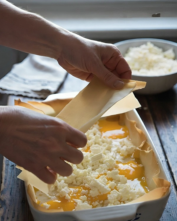 Hands layering phyllo dough with a cheese and egg filling while preparing traditional Serbian gibanica.