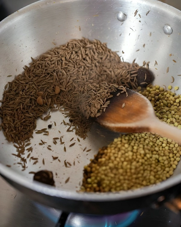 Toasting whole spices for garam masala in a pan