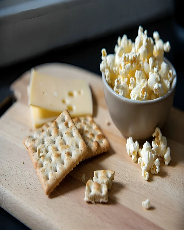 whole grain crackers cheese and popcorn simple crunchy late night snack