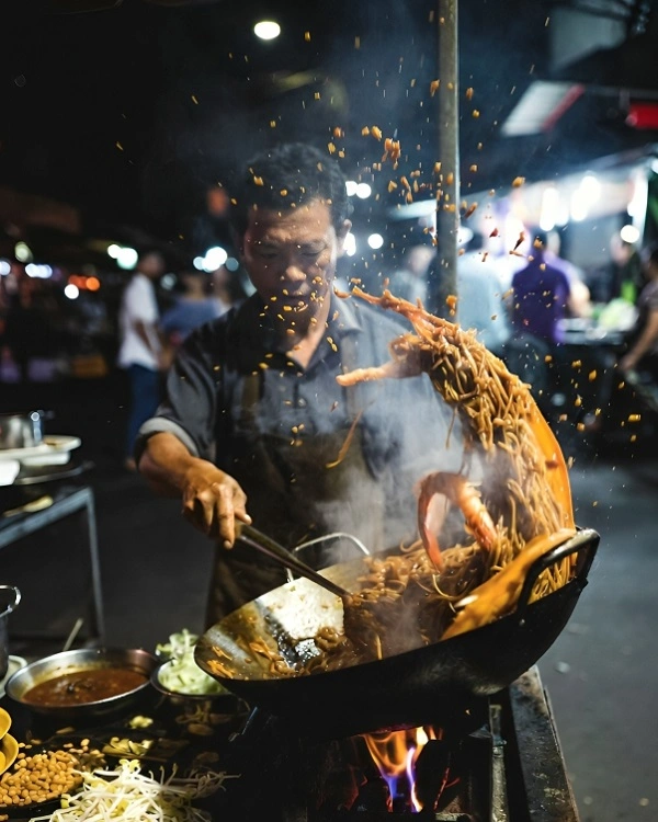 Street vendor cooking noodles in a wok over open flame at a night market