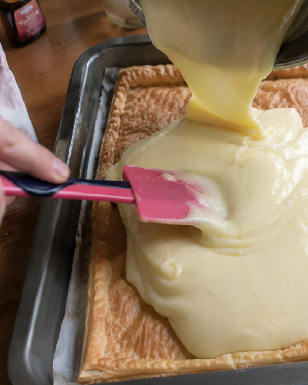 Pouring warm yellow custard filling over a baked puff pastry sheet in a baking pan and spreading it evenly with a pink spatula.
