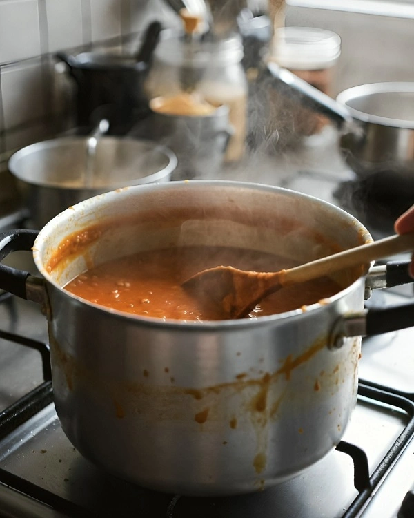 Cooking Turkish lentil soup in a pot with steam rising while stirring