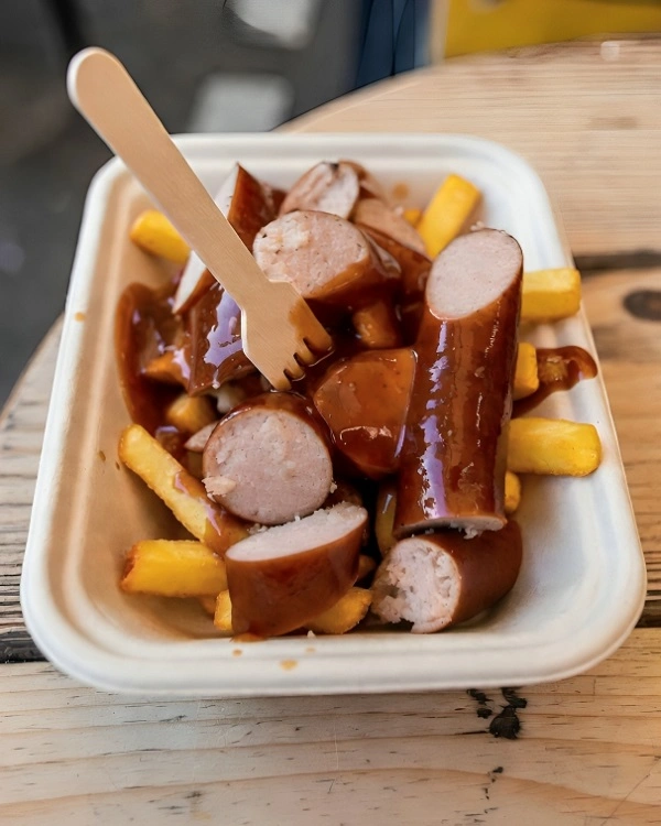 Sliced sausage with fries served in a tray with sauce typical European street food