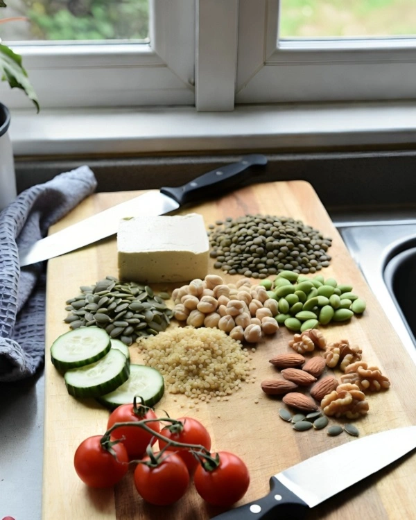 Plant-based protein foods including tofu, lentils, chickpeas, quinoa, edamame, nuts, and seeds on a wooden cutting board.
