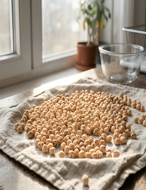 Pre-roasted yellow chickpeas spread out evenly to dry on a white linen cloth near a window during the 30-day resting stage.
