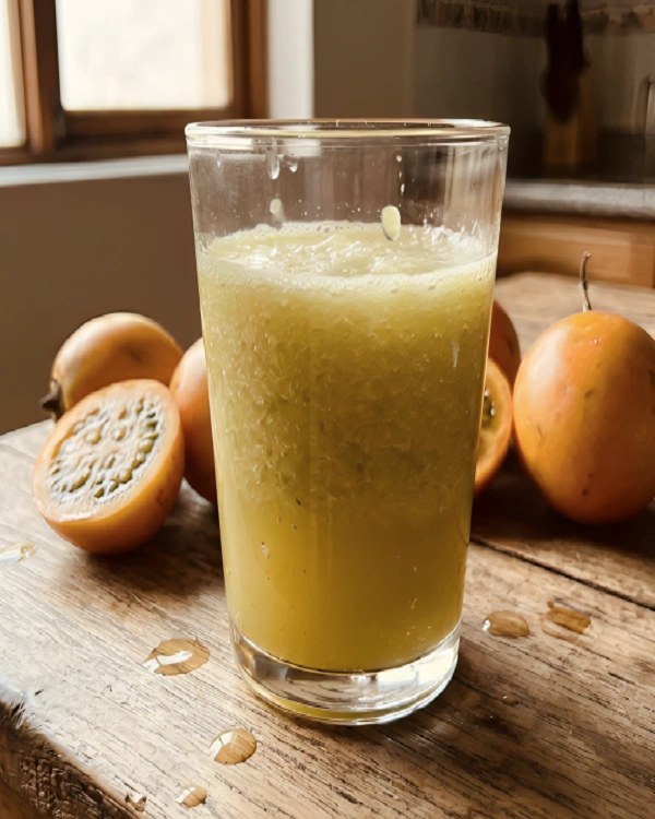 Glass of fresh homemade naranjilla juice placed on a wooden kitchen table