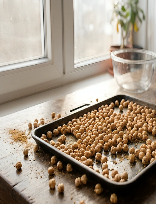 Freshly roasted golden-brown leblebi scattered on a dark metallic baking sheet to cool down on a wooden surface.