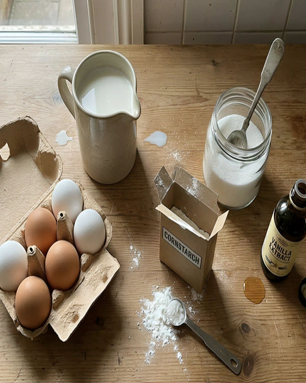 Baking ingredients for krempita arranged on a wooden table including whole milk in a pitcher, brown and white eggs, sugar, cornstarch, and vanilla extract.