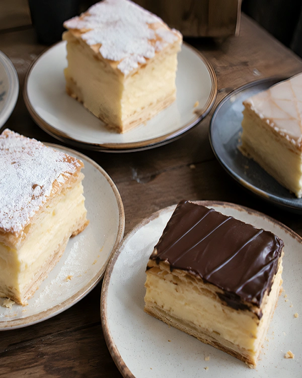 Multiple plates showing different types of cream slices including classic puff pastry krempita and Zagreb cream slice with chocolate glaze.