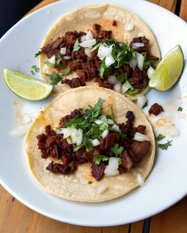 Authentic Mexican street tacos with chopped onions cilantro and lime on a plate