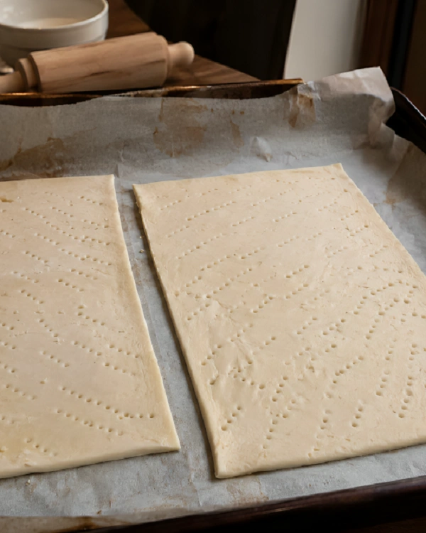 Two sheets of raw store bought puff pastry rolled out and pricked with a fork on a baking tray lined with parchment paper.