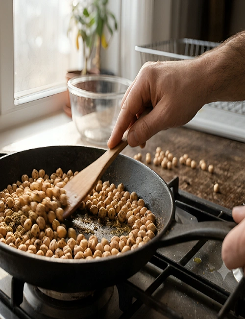 A chef using a wooden spatula to stir-fry and roast chickpeas inside a black cast-iron pan on a gas stove.