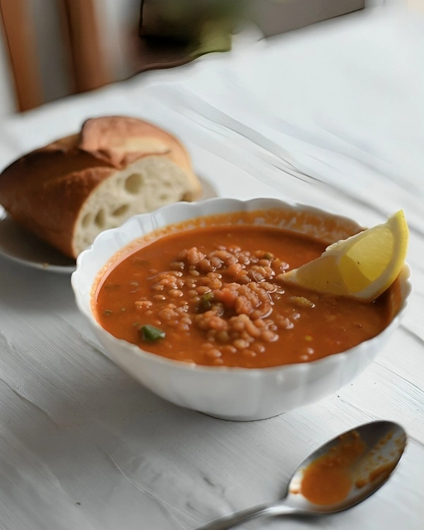 Serving Turkish mercimek çorbası with lemon wedge and bread on table