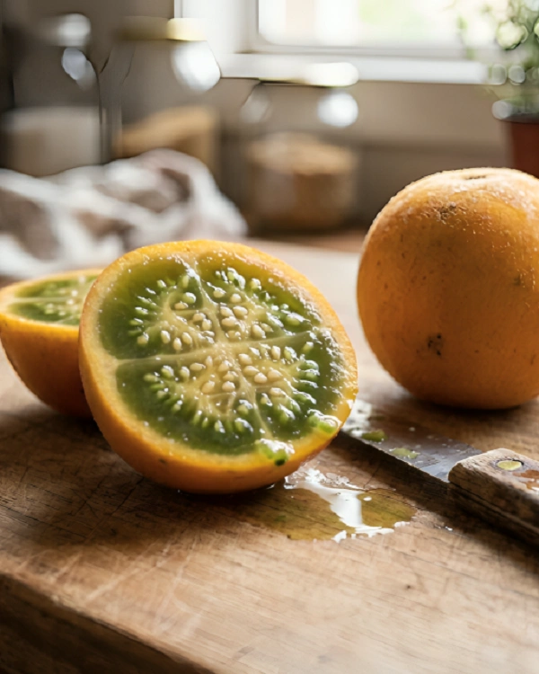 Close-up of a cut naranjilla fruit showing green juicy interior pulp and small seeds