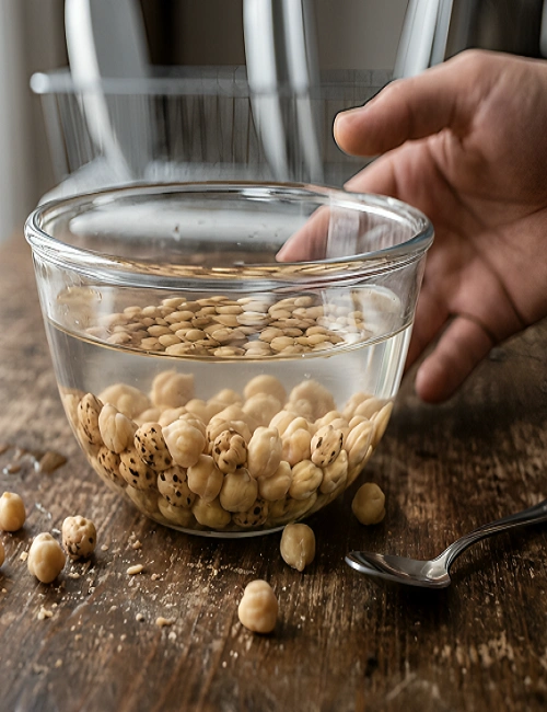 Raw chickpeas soaking in a clear glass bowl of water on a wooden countertop during the initial step of making Turkish leblebi.