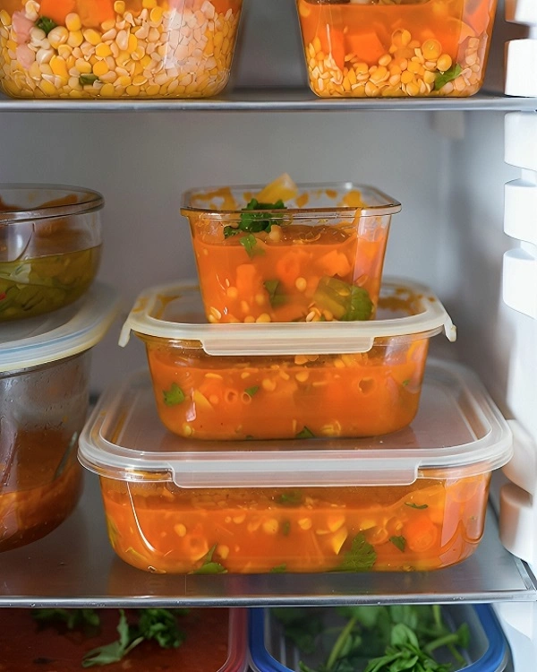 Stored lentil soup in containers placed inside refrigerator