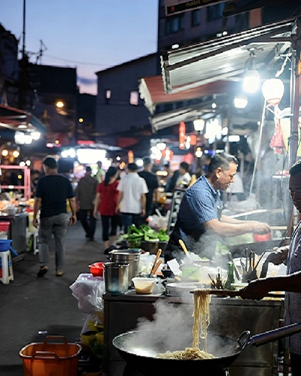 Busy street food market at night with vendors cooking and people walking around food stalls