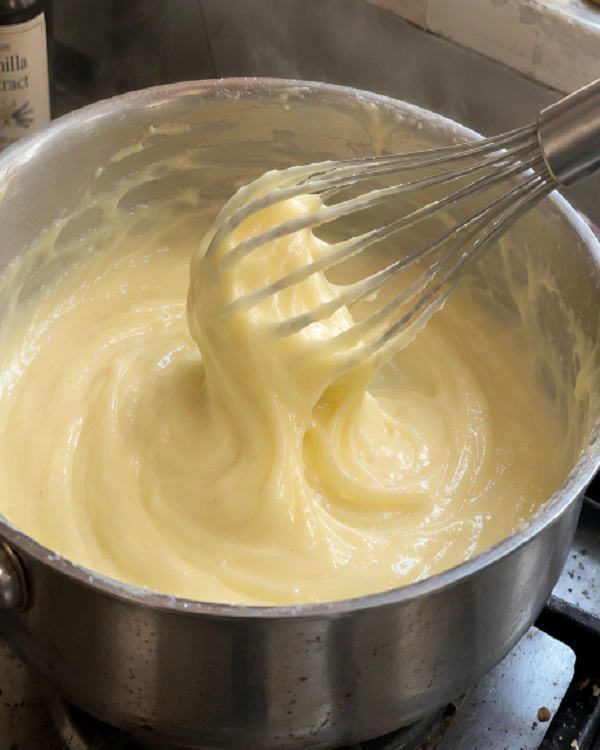 Whisking thick, smooth, and creamy yellow egg custard filling for krempita in a stainless steel saucepan over the stove.
