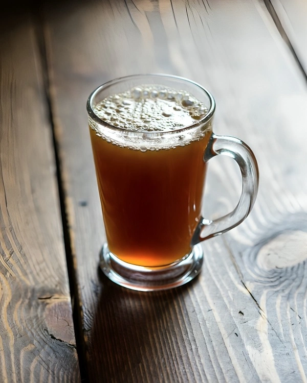 A glass mug filled with traditional fermented Kvass drink made from toasted rye bread on a wooden surface.