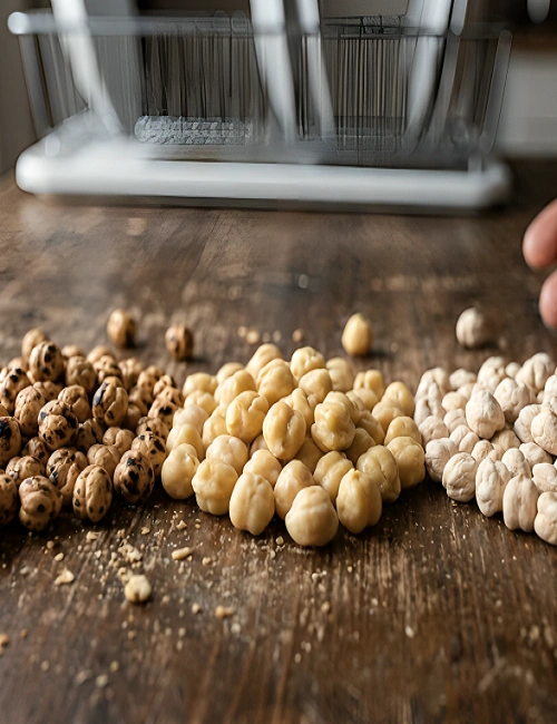 Three distinct piles of Turkish leblebi varieties—double-roasted with dark spots, yellow dehulled, and white hulled chickpeas—arranged side by side on a table.