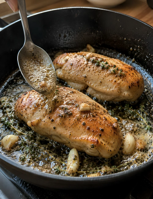 Spoon basting chicken in a pan with melted butter