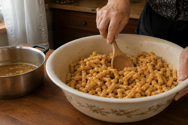 Mixing fried dough pieces and warm honey syrup in a mixing bowl