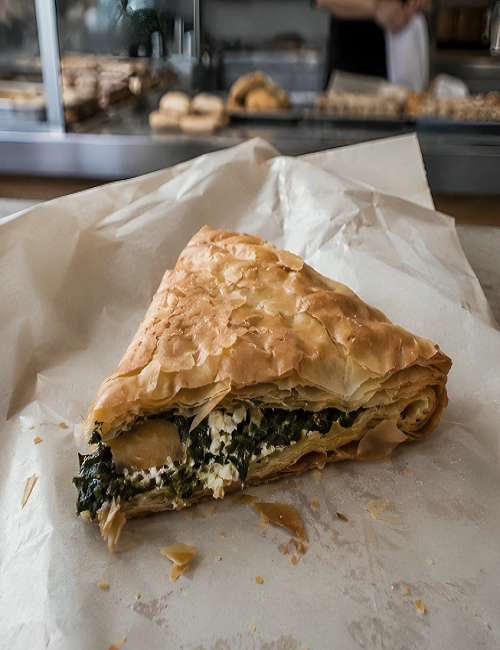 A golden slice of spanakopita showing flaky phyllo dough and spinach filling.