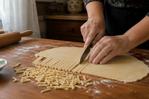 Cutting thin strips of dough with a knife on a wooden table