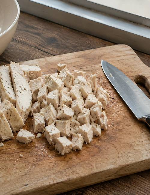 Seasoned cooked chicken breast chopped into small bite-sized cubes on a wooden cutting board next to a knife.