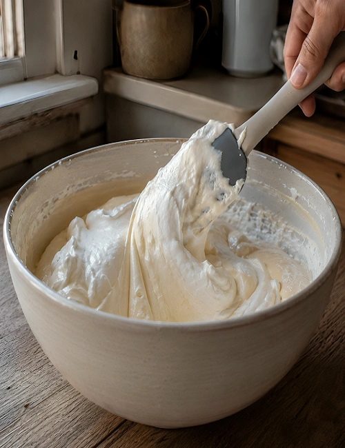 Spatula folding sweetened condensed milk into fluffy whipped cream in a mixing bowl