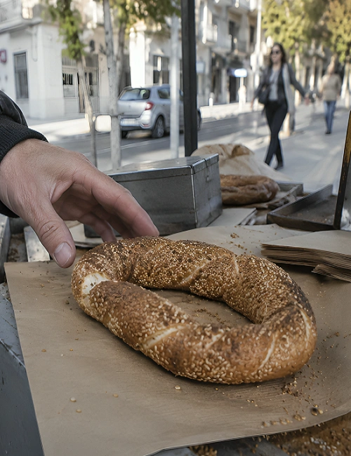 A sesame-seeded Greek koulouri bread ring on paper at a street vendor cart.
