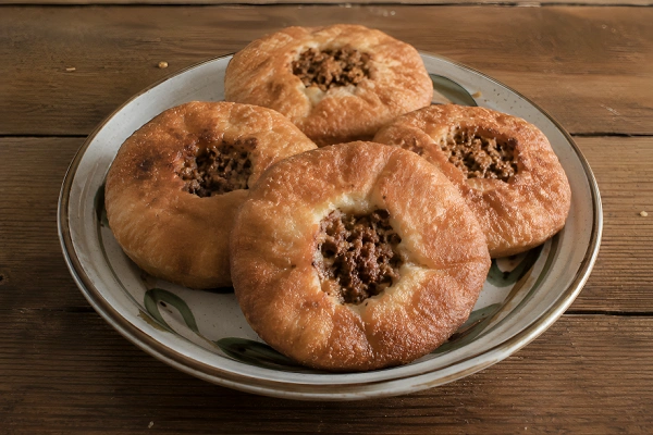 Four round, deep-fried Peremech meat pies with seasoned minced beef peeking through the small center hole.