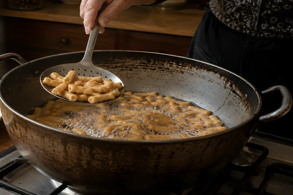 Lifting fried golden dough pieces out of a hot oil pot