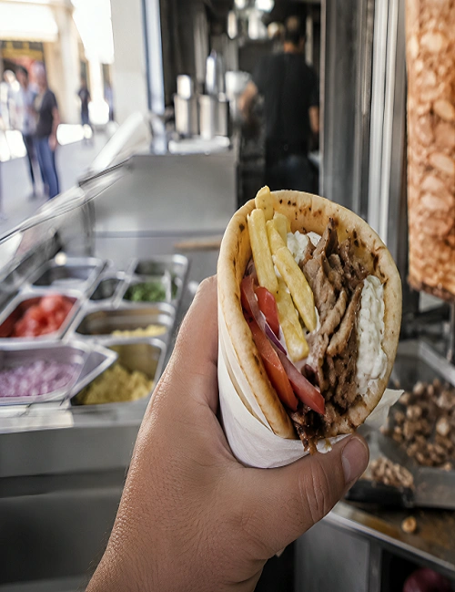 A hand holding a fresh pita wrap stuffed with grilled meat, fries, and tzatziki.