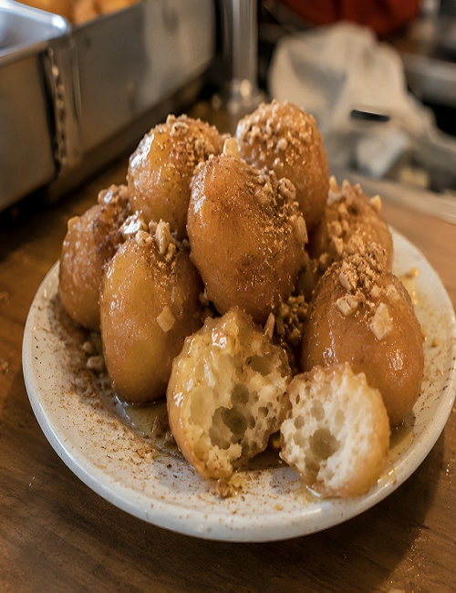 A plate of fried loukoumades honey balls topped with cinnamon and crushed walnuts.