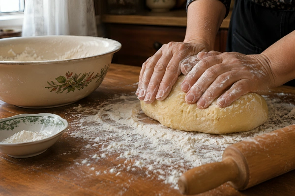 Hands kneading soft dough on a flour dusted wooden board