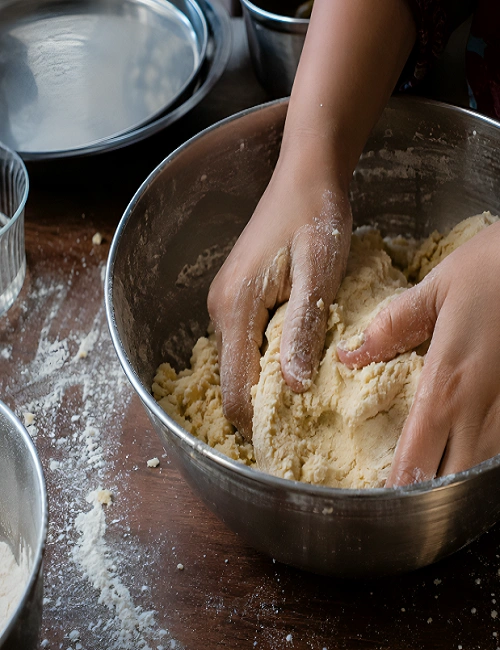 Hands kneading semolina and flour dough in a metal mixing bowl.